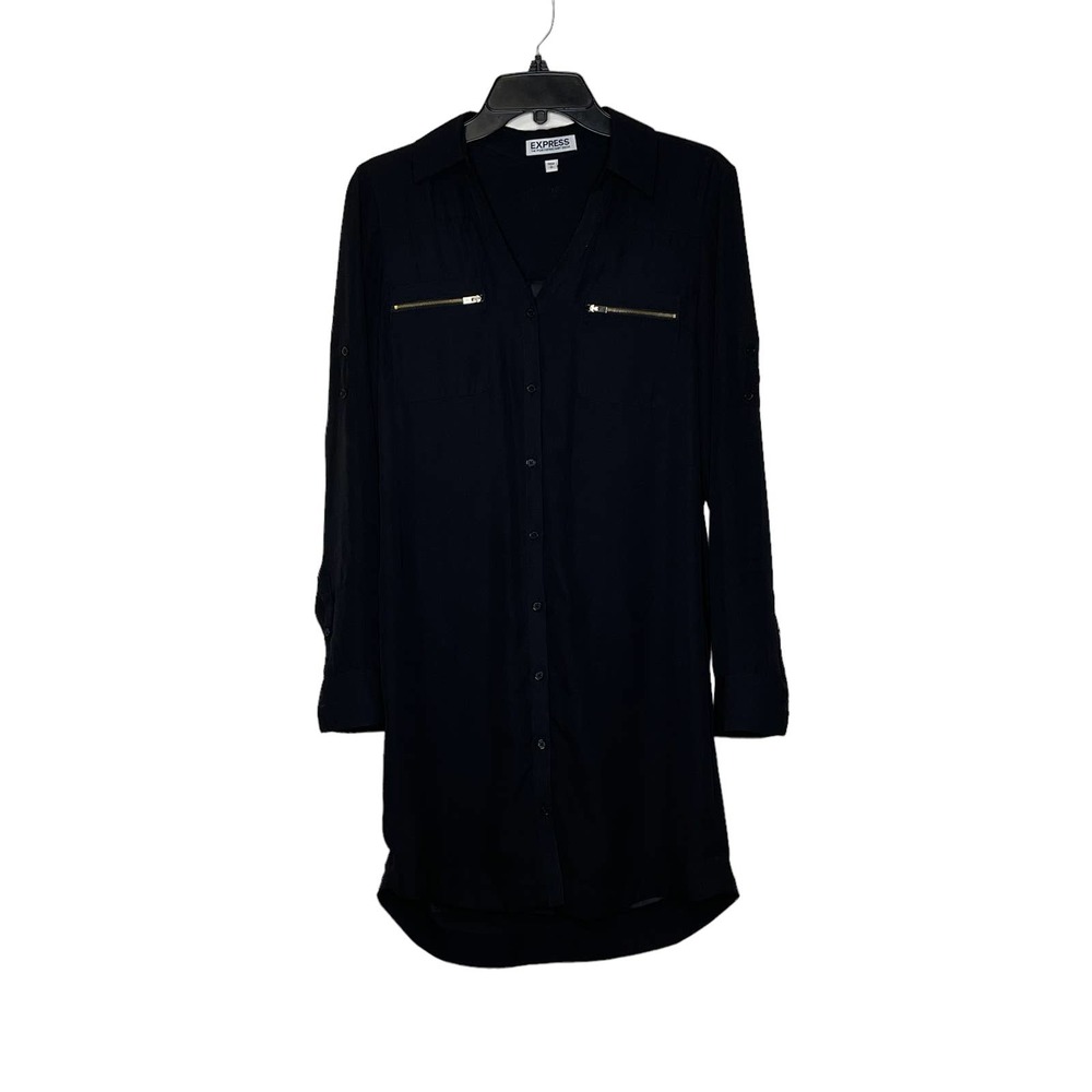 Express Portfolio Shirt Dress Size‎ Small Black Lined Womens Roll Tab Sleeves